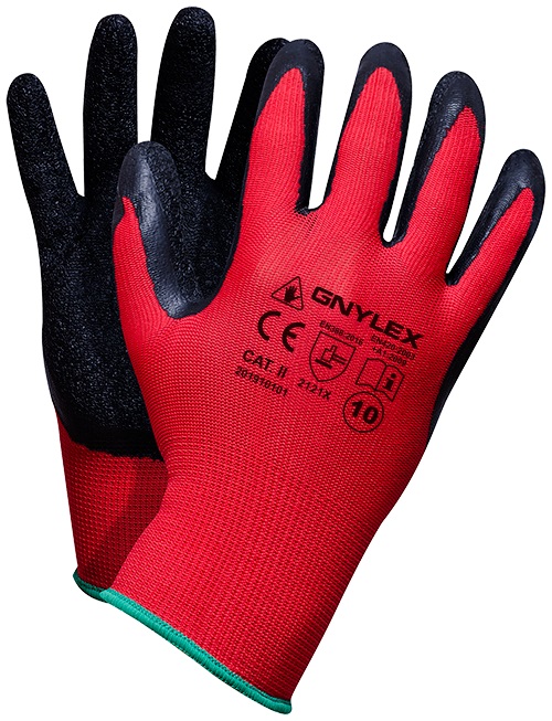RĘKAWICE POLIESTER+LATEX RTELA, GNYLEX CZERWONO-CZARNE 10